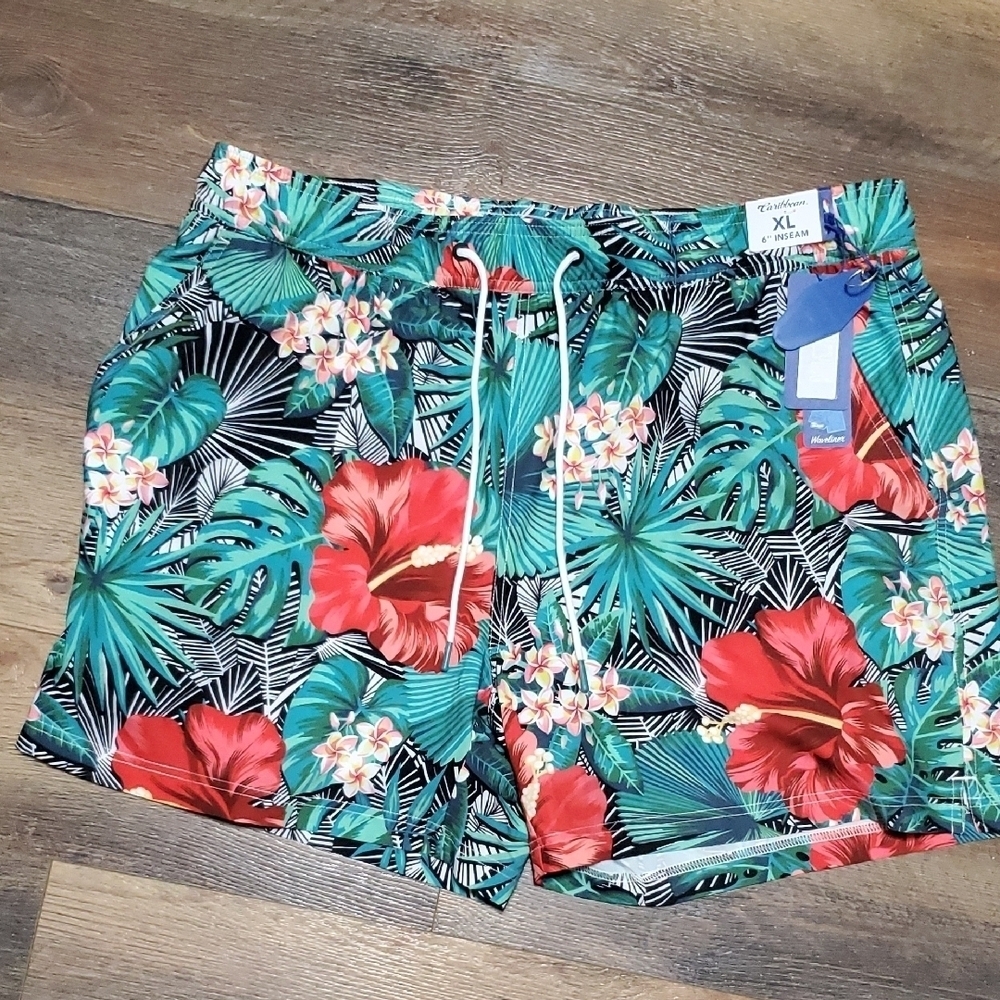 Caribbean Swim Trunks - Black, Green, Red Tropical Floral Pattern